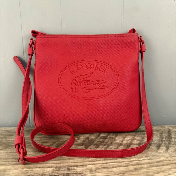 Lacoste Flame Scarlet Flat Crossover Crossbody Embossed Logo In Red Purse - Picture 1 of 10